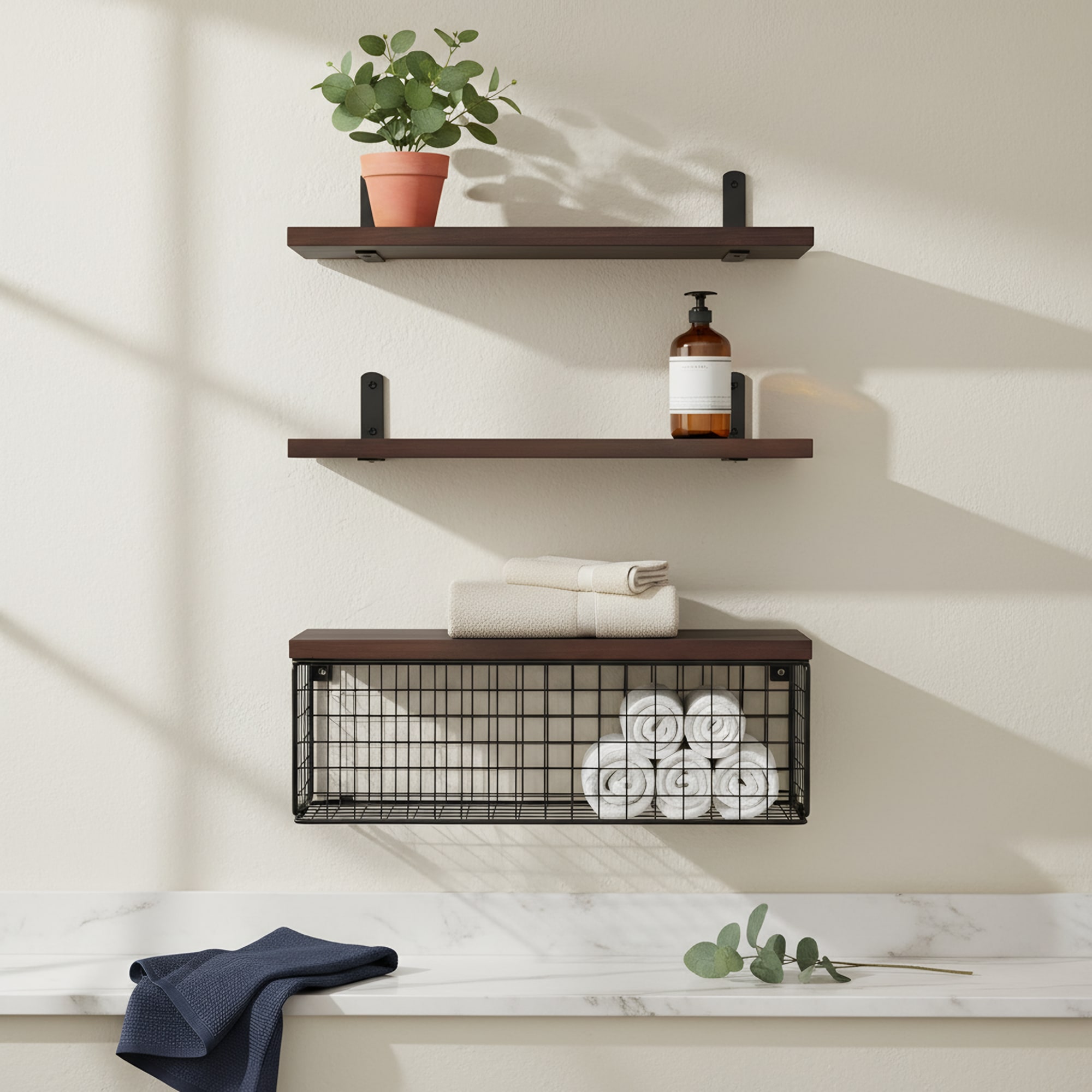 Wood Floating Shelves with Wire Basket